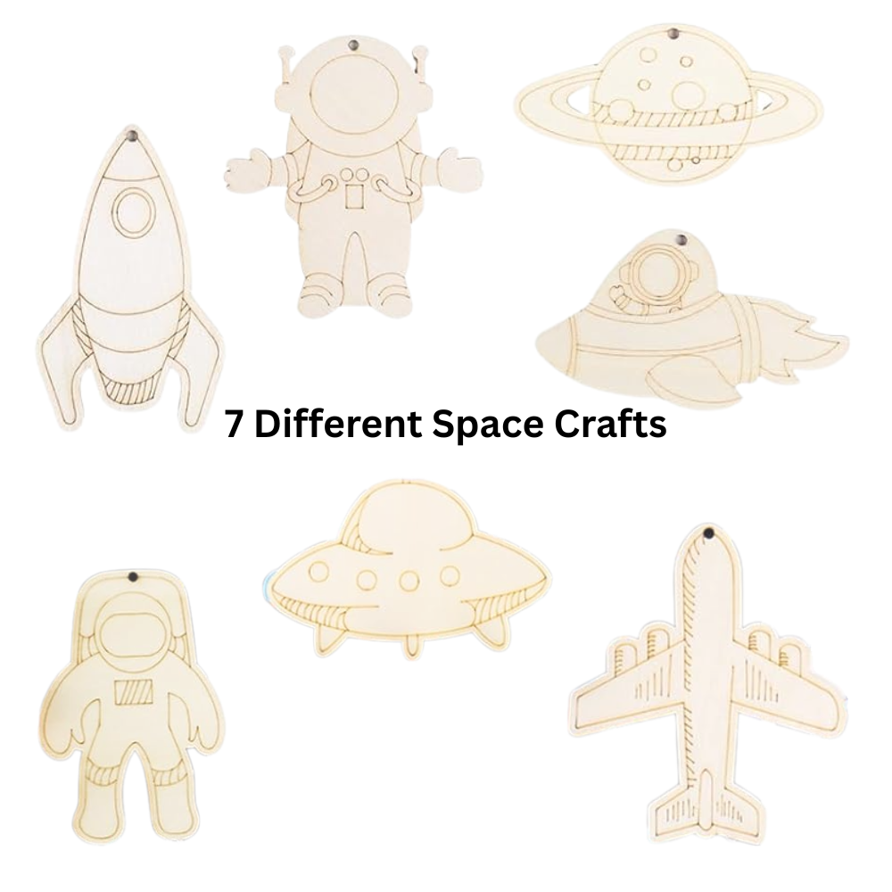 different wooden space shapes for painting (rocket, planet, astronaut)