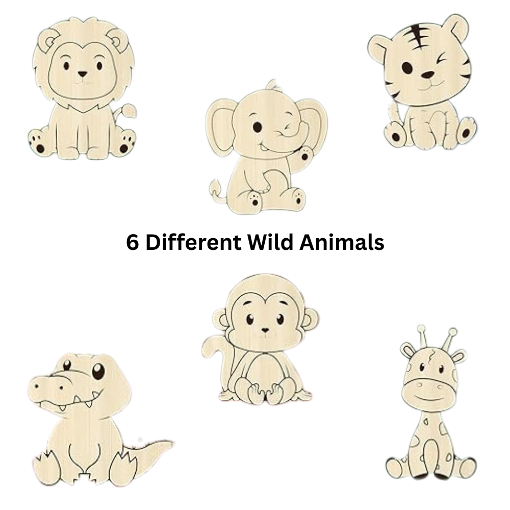 different wooden safari animal shapes for painting