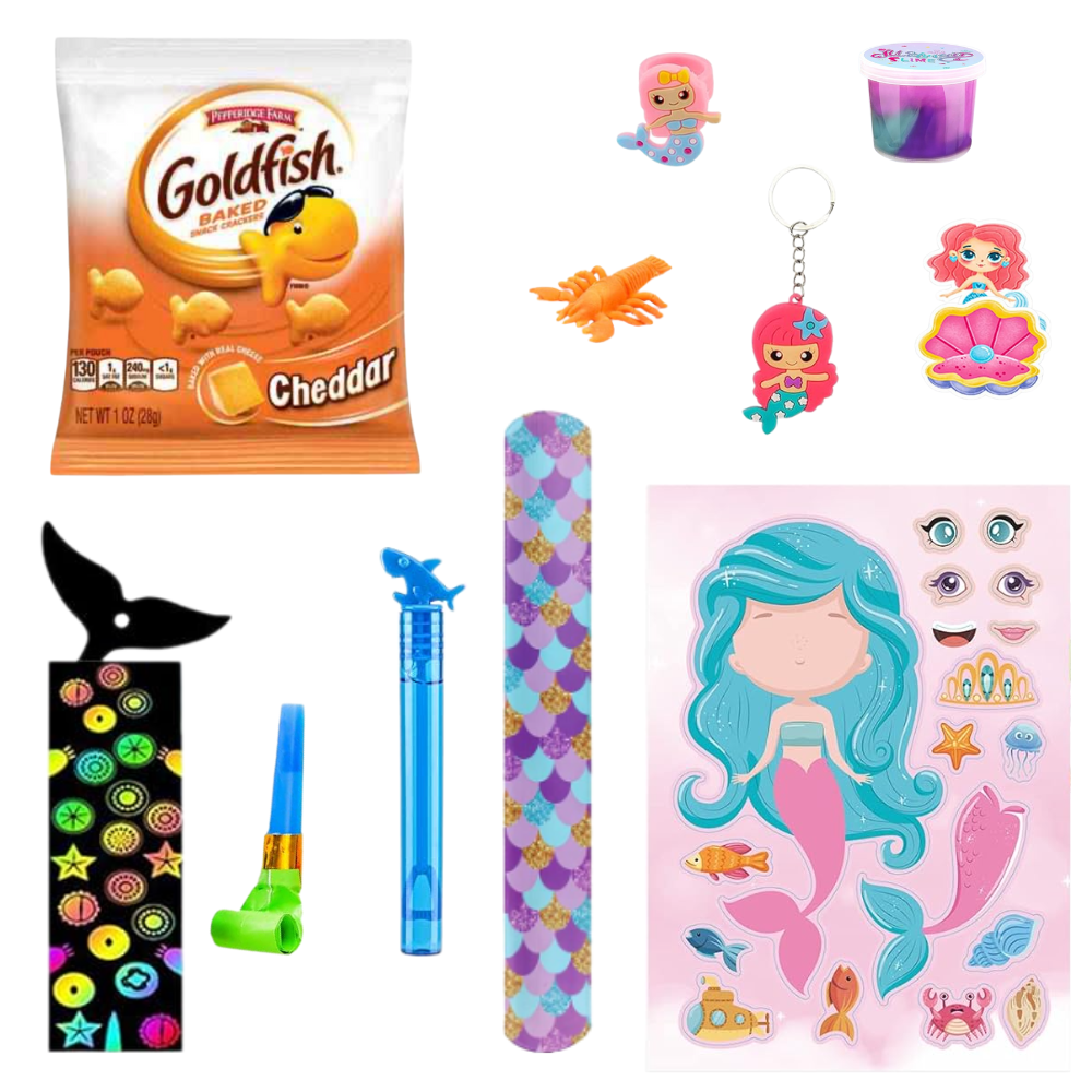 deluxe mermaid party favor bag with mermaid slime and goldfish crackers