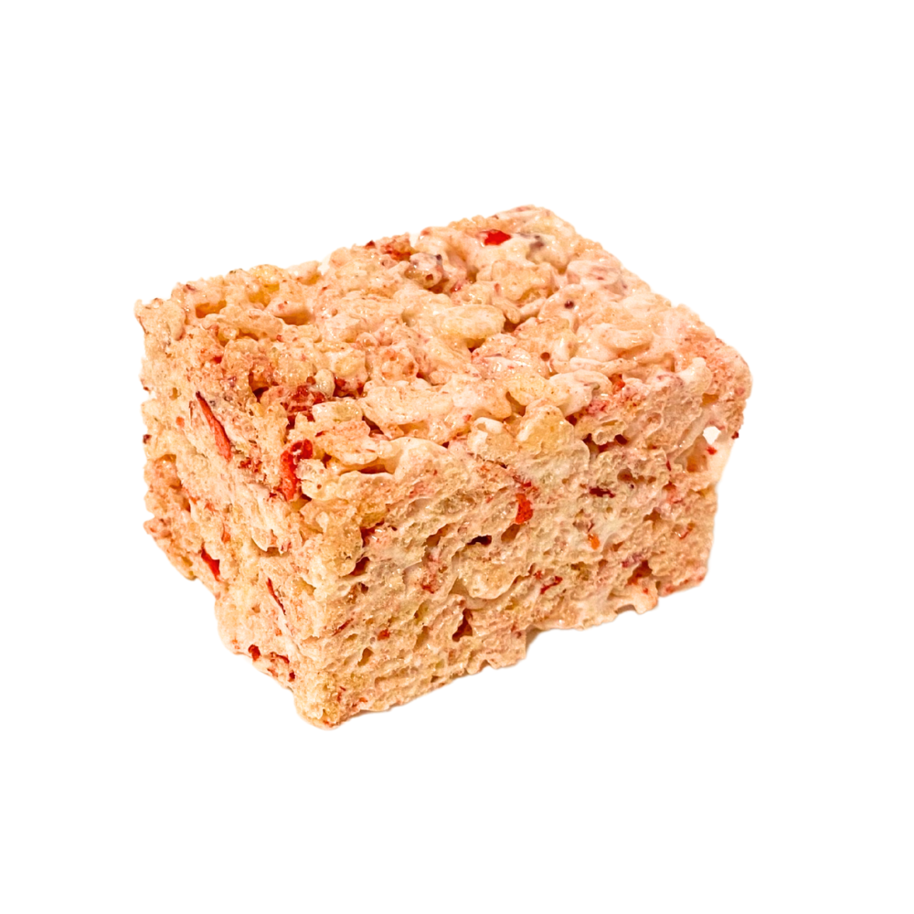 close-up of strawberry pieces in rice crispy treat