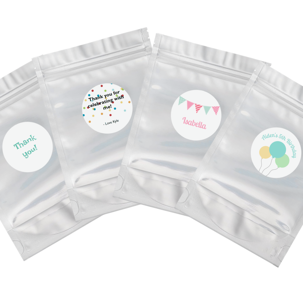 Kids' party goodie bag with custom sticker tags