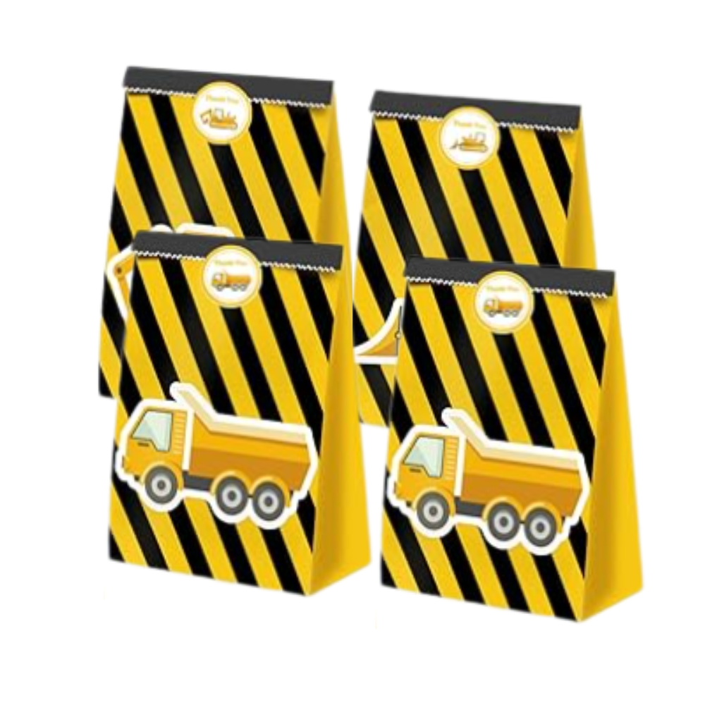 paper construction-themed goodie bag with construction equipment toy