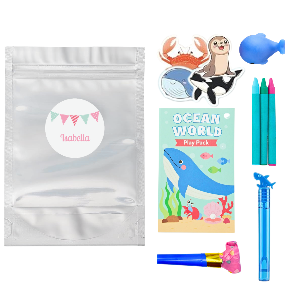 under the sea party favor bag with sea animal bubble wand