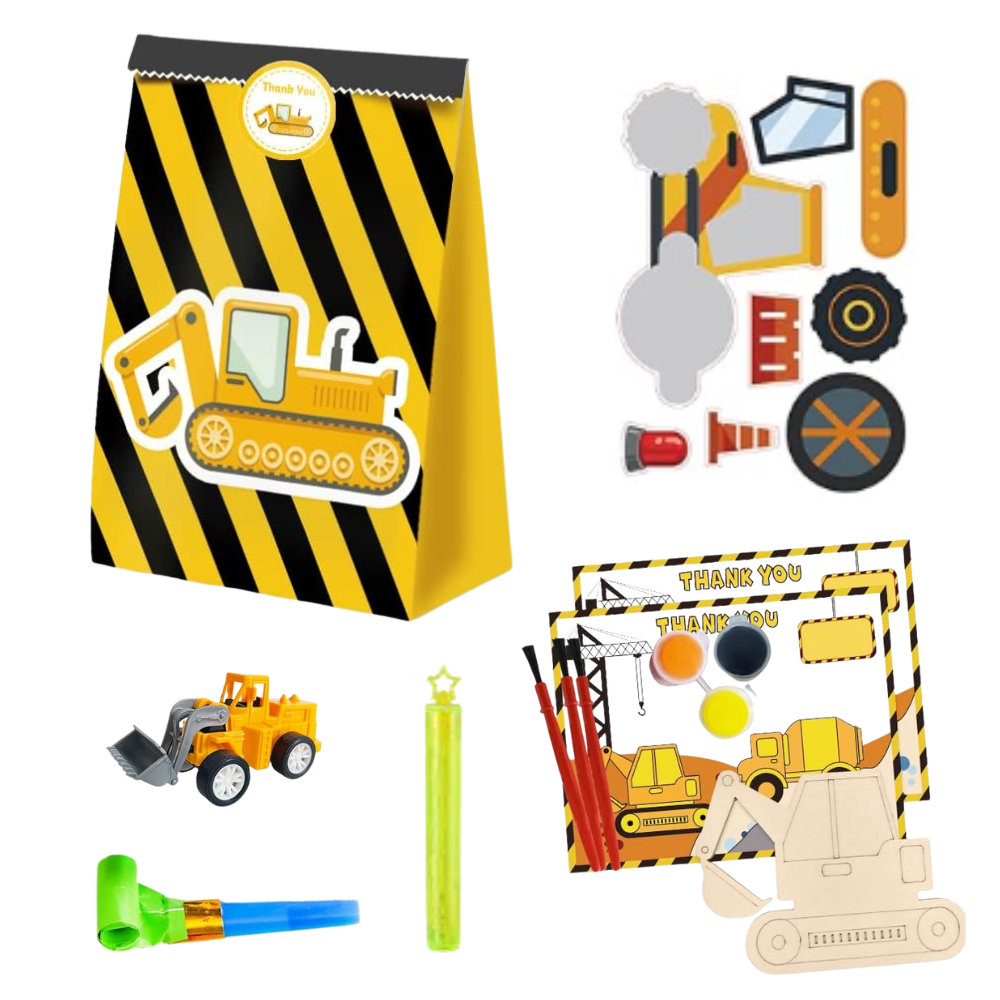 close-up of the bubble wand and painting activity in the favor bag and construction favor bag toys