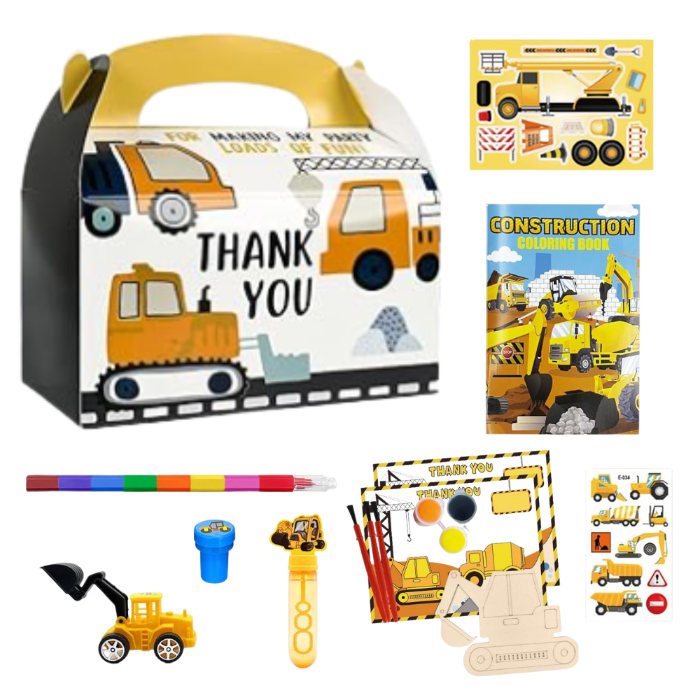 premium construction-themed goodie box contents laid out